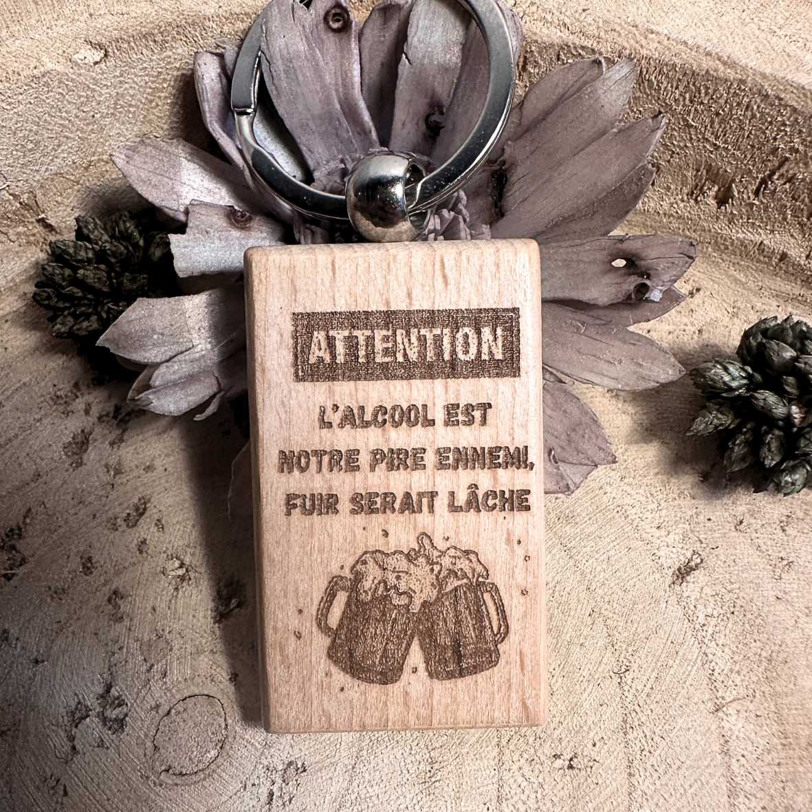 Porte-Clés - Attention - Croix de bois
