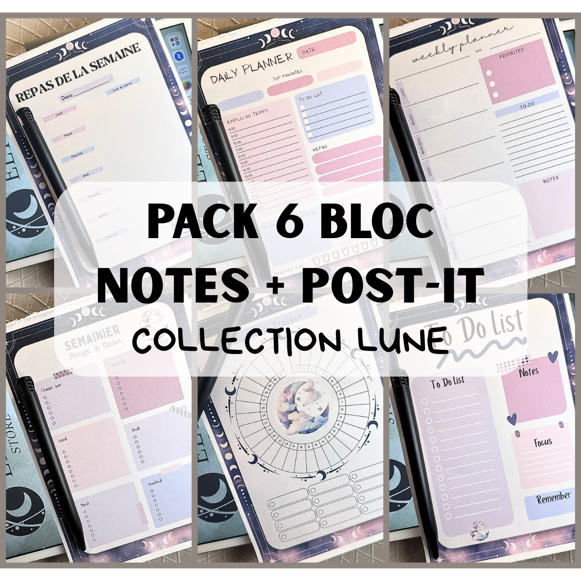 Lot Bloc Notes Organisateurs  - Collection Lune